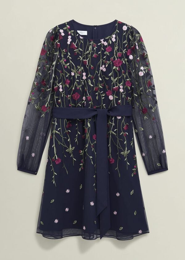 Hobbs Emmy Embroidered Tie Mini Dress Midnight Multi