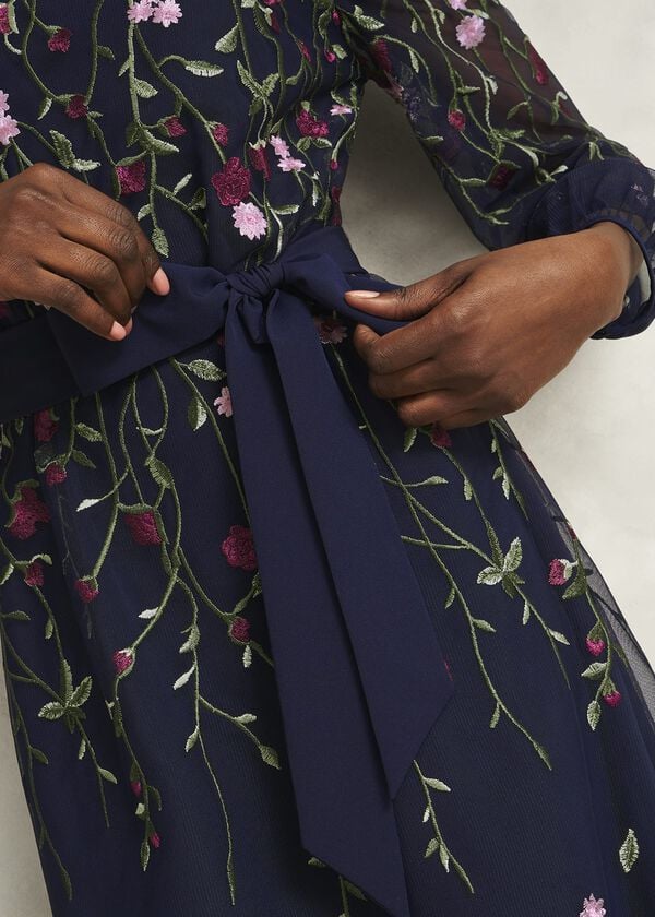 Hobbs Emmy Embroidered Tie Mini Dress Midnight Multi