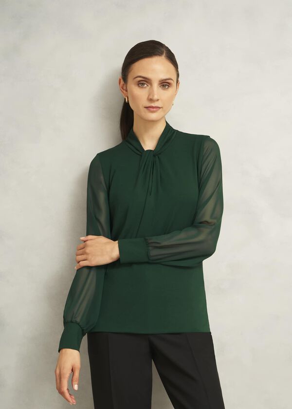 hobbs Green Ashley Twist Neck Sheer Long Sleeve Top Bay Green