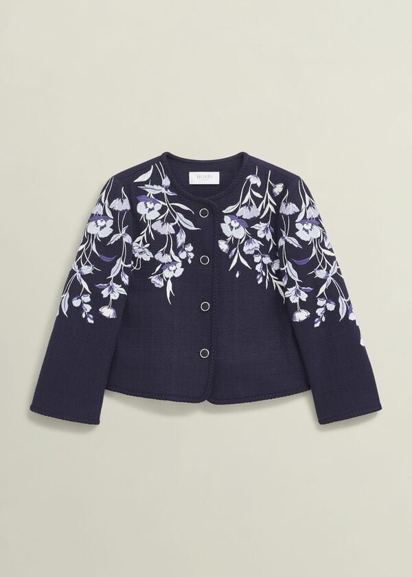 Hobbs Hinton Floral Embroidered Tweed Jacket Midnight Navy