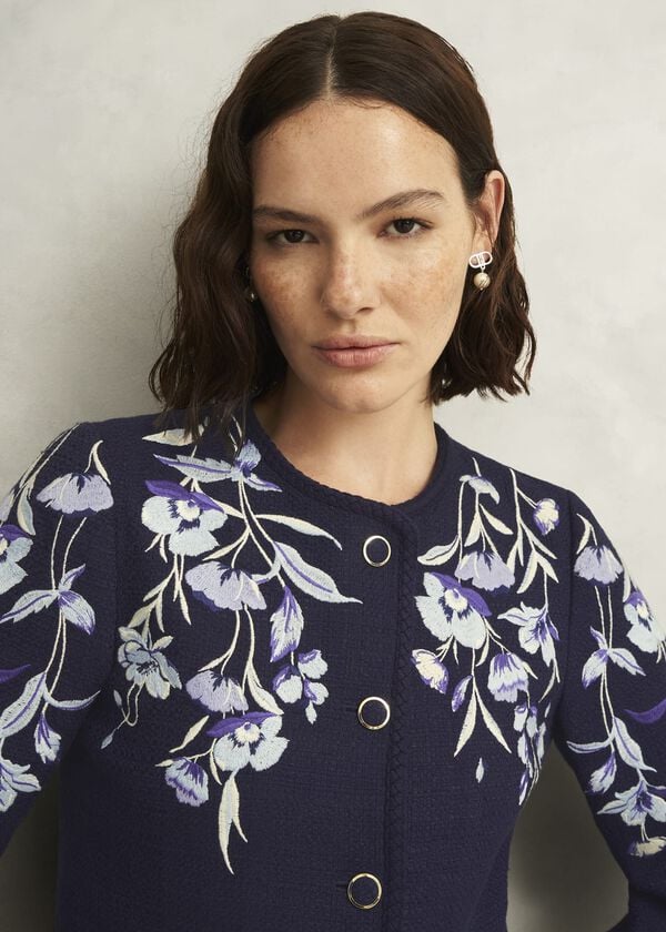 Hobbs Hinton Floral Embroidered Tweed Jacket Midnight Navy