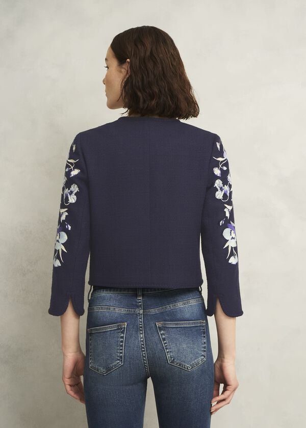 Hobbs Hinton Floral Embroidered Tweed Jacket Midnight Navy