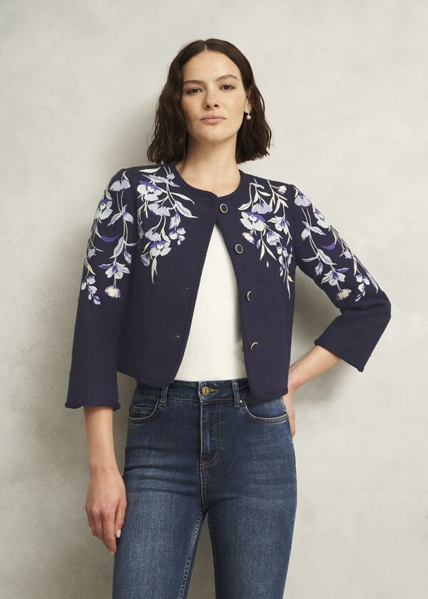 hobbs Hinton Floral Embroidered Tweed Jacket Midnight Navy