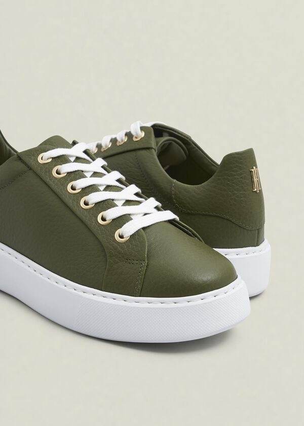 Hobbs Ada Leather Trainers Chive Green