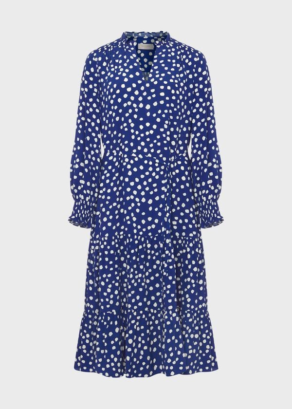Hobbs Adela Spot A-Line Dress Deep Blue Cream