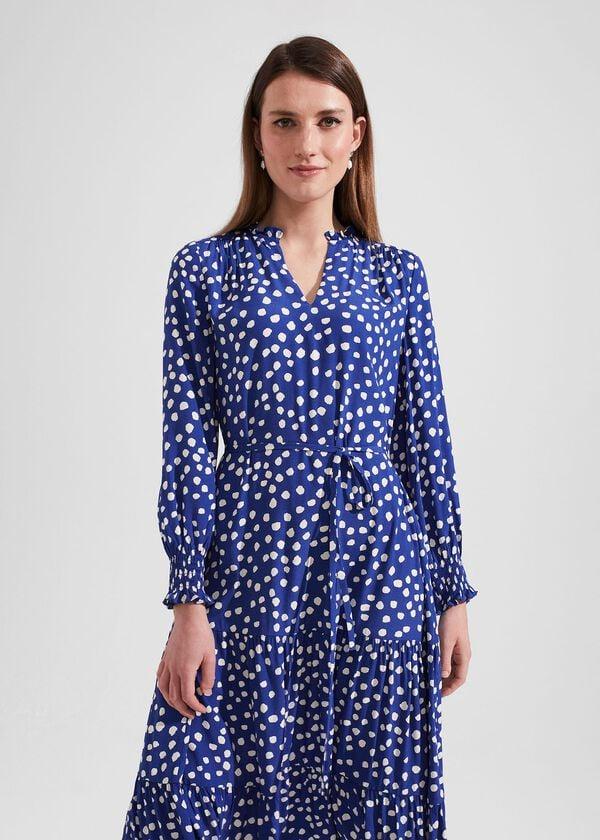 Hobbs Adela Spot A-Line Dress Deep Blue Cream