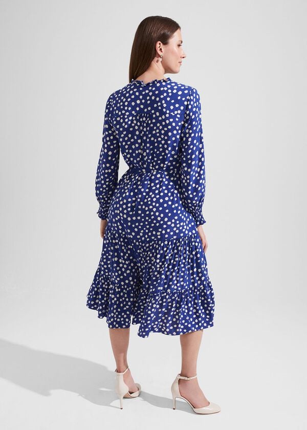 Hobbs Adela Spot A-Line Dress Deep Blue Cream