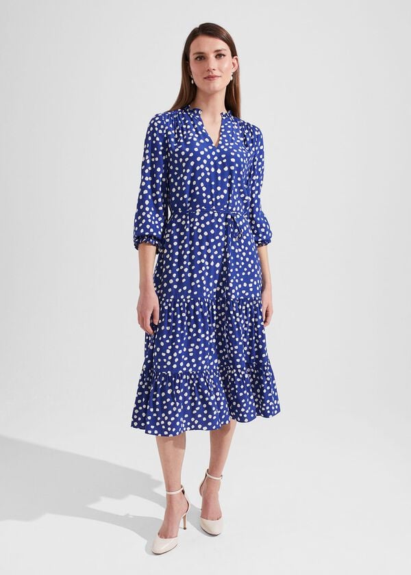 hobbs Adela Spot A-Line Dress Deep Blue Cream