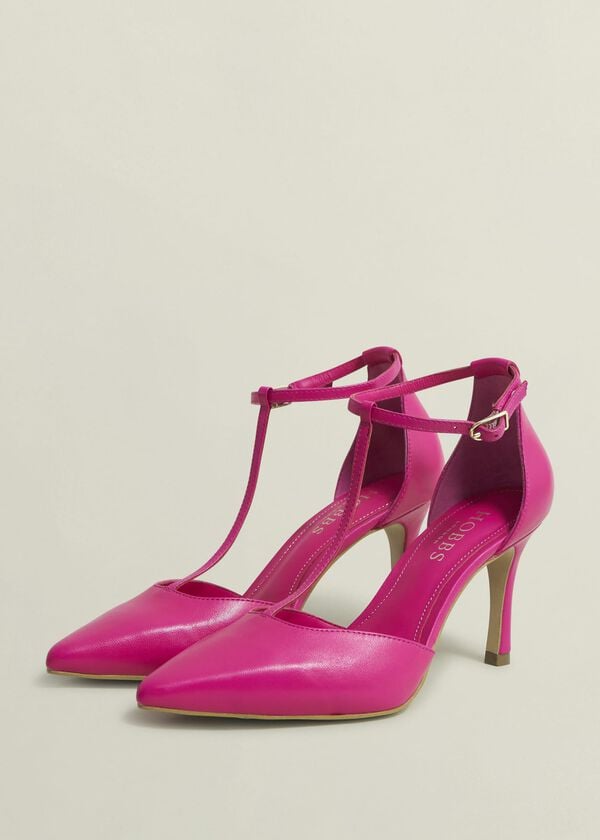 Hobbs Alice T-Bar Leather Court Shoes Zinnia Pink