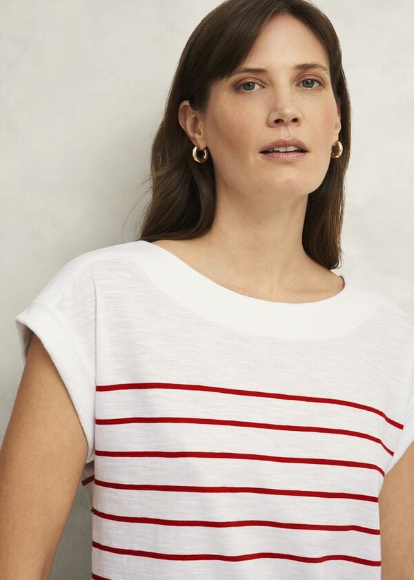Hobbs Alycia Cotton Slub Stripe T-Shirt White Red