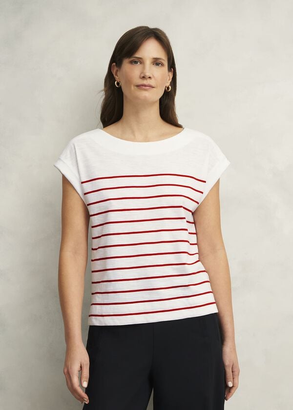 hobbs Alycia Cotton Slub Stripe T-Shirt White Red