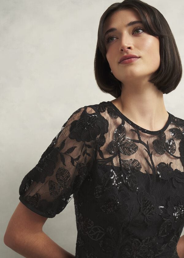Hobbs Ami Lace Sequin Midi Dress Hobbs Black