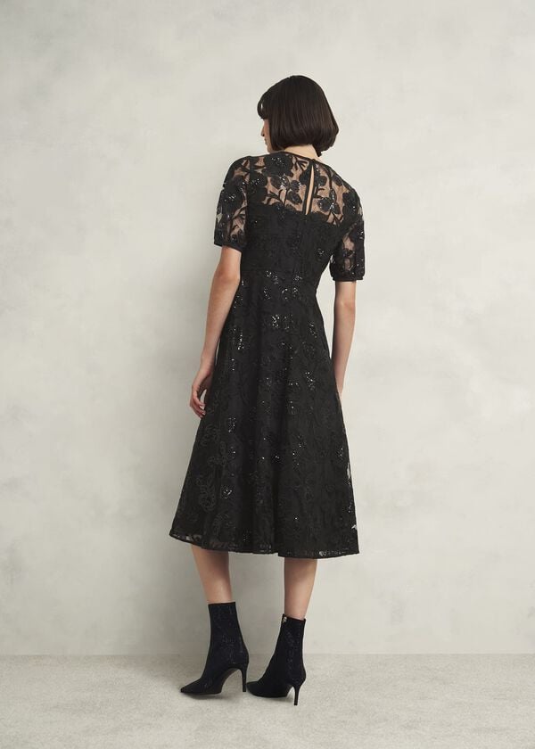 Hobbs Ami Lace Sequin Midi Dress Hobbs Black