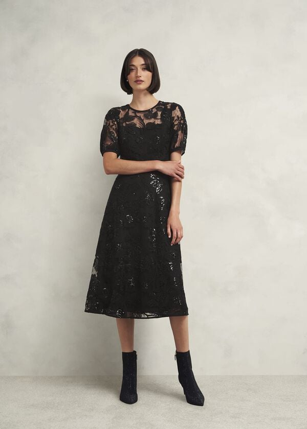 hobbs Ami Lace Sequin Midi Dress Hobbs Black