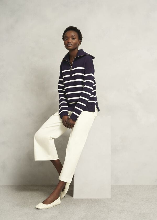 hobbs Amy Stripe Cotton Jumper Warm Ivory Navy