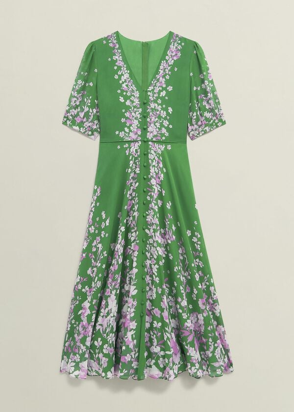 Hobbs Ana Silk Floral Dress Green Pink