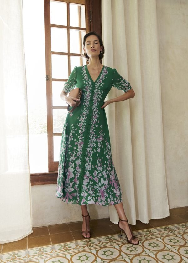 hobbs Ana Silk Floral Dress Green Pink