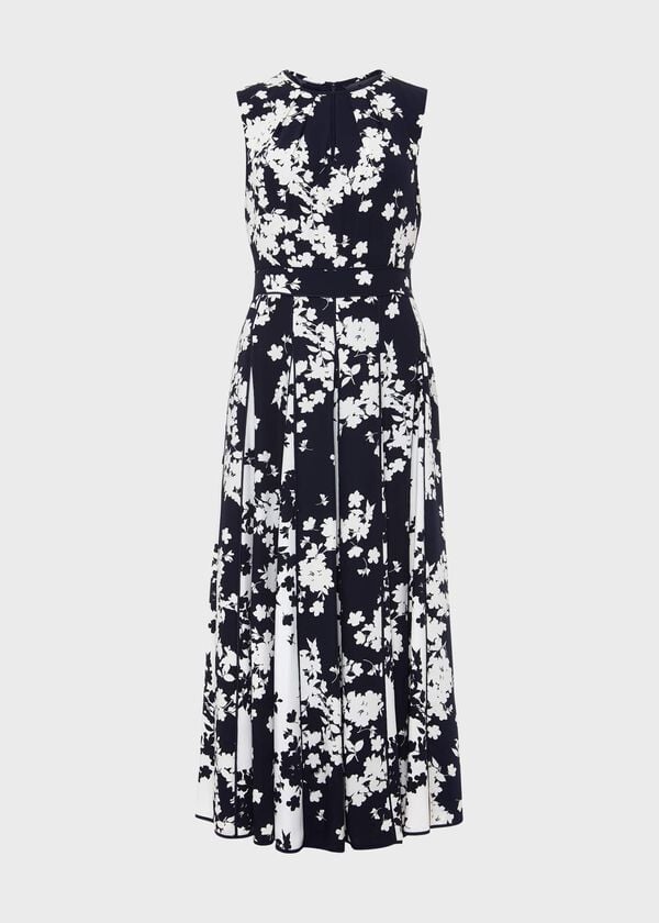 Hobbs Angelica Floral Pleated Dress Midnight Ivory