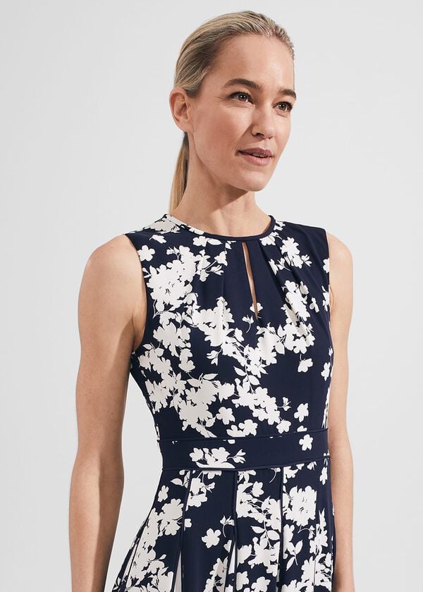 Hobbs Angelica Floral Pleated Dress Midnight Ivory