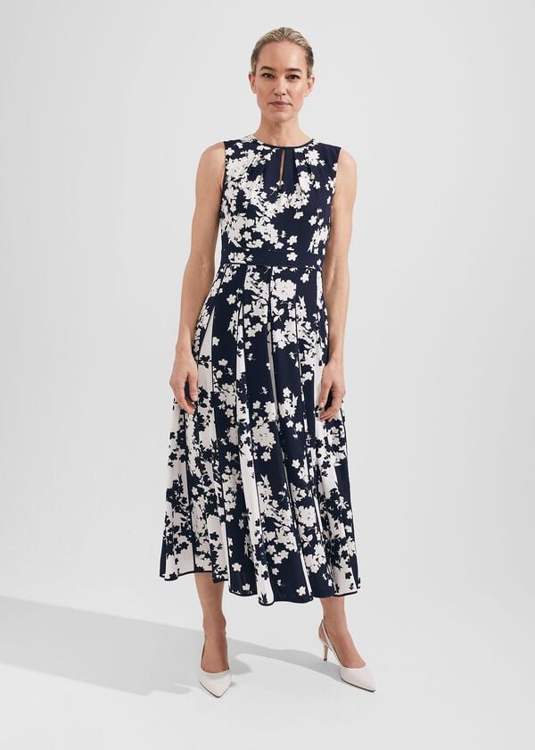 hobbs Angelica Floral Pleated Dress Midnight Ivory