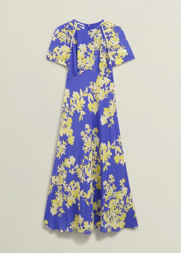 Hobbs Ann Embellished Silk Dress Blue Yellow