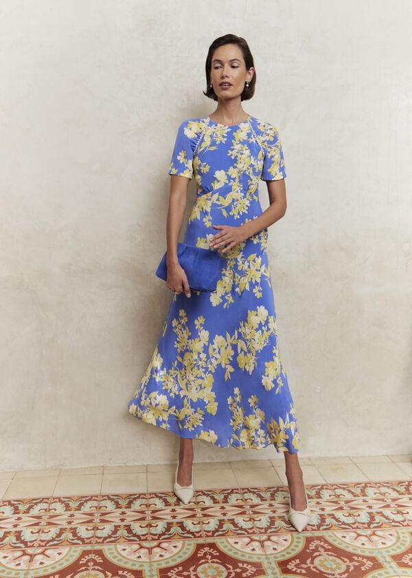 hobbs Ann Embellished Silk Dress Blue Yellow