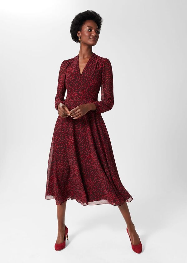 hobbs Aurora Fit And Flare Dress Red Multi