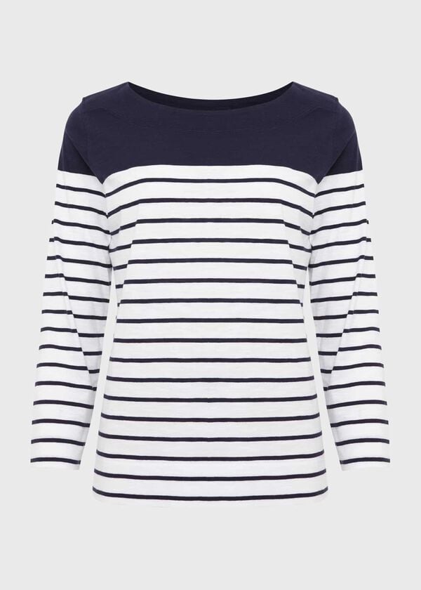 Hobbs Avia Cotton Slub Striped T-Shirt White Navy
