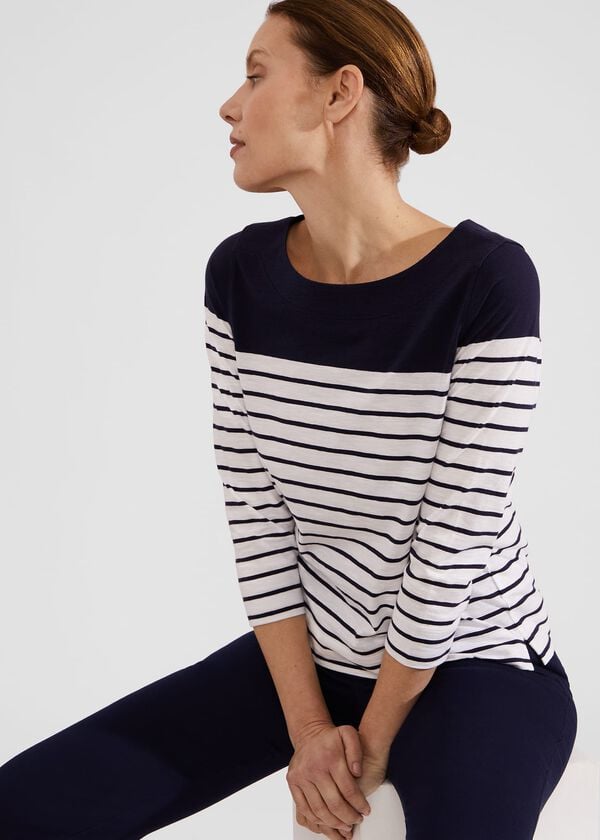 Hobbs Avia Cotton Slub Striped T-Shirt White Navy