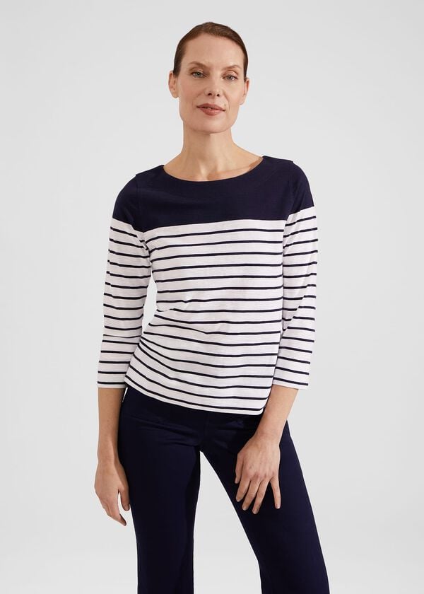 hobbs Avia Cotton Slub Striped T-Shirt White Navy