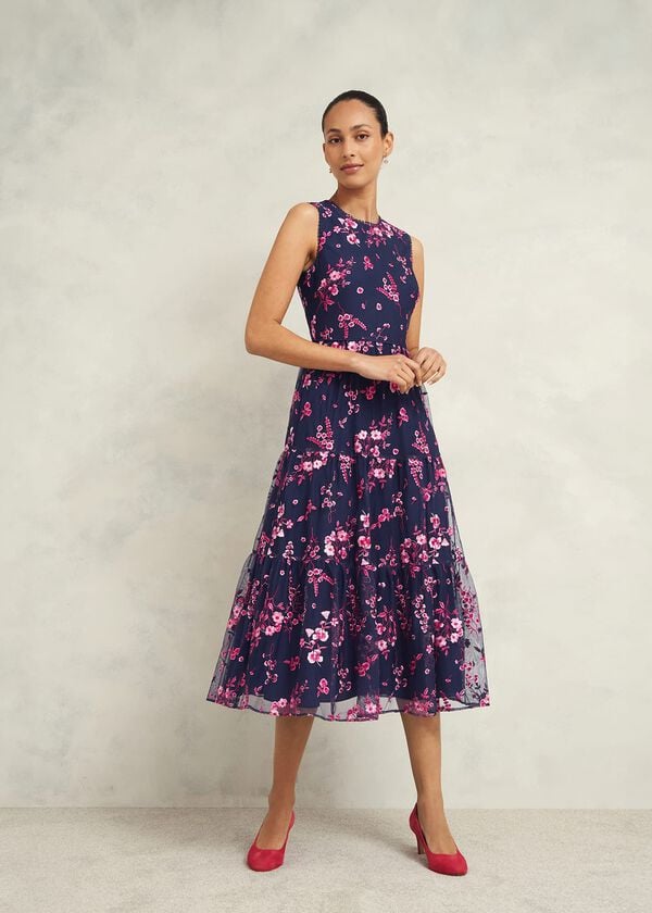 hobbs Bethany Embroidered Dress Navy Pink