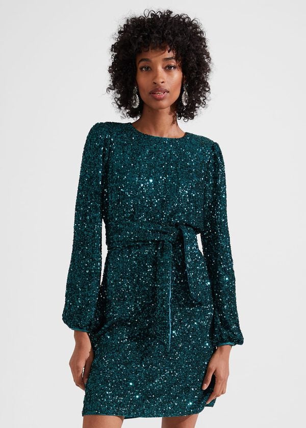 hobbs Bette Sequin Dress Evergreen