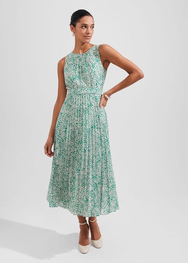 hobbs Blythe Pleated Midi Dress Green Multi