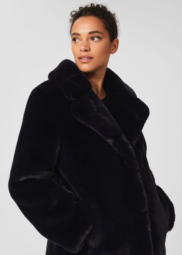 Hobbs Briony Faux Fur Coat Navy Blue