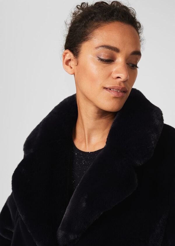 Hobbs Briony Faux Fur Coat Navy Blue