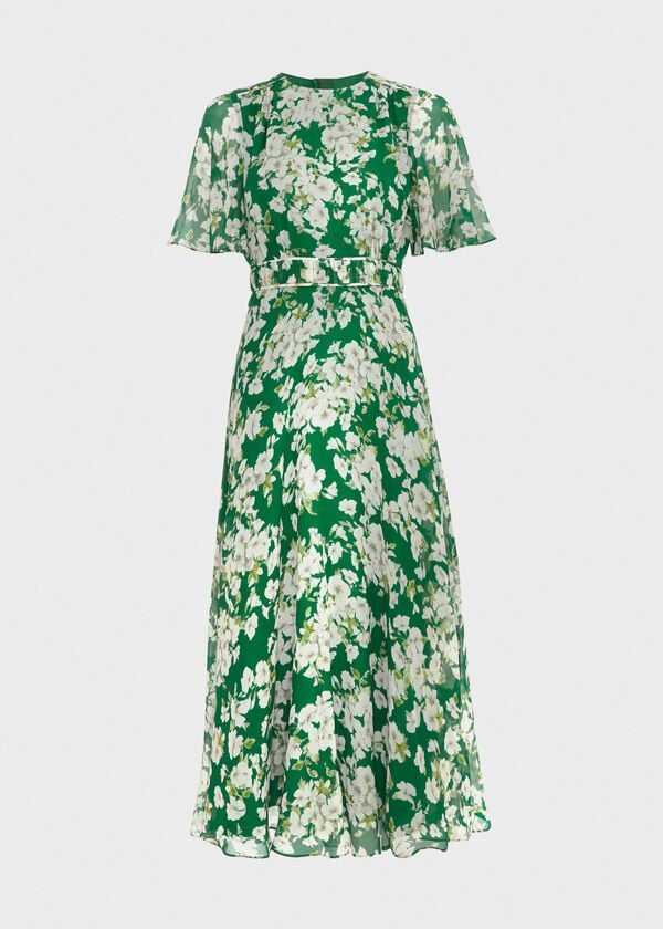Hobbs Bronwyn Silk Midi Dress Green Multi