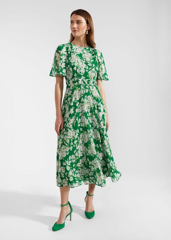 hobbs Bronwyn Silk Midi Dress Green Multi
