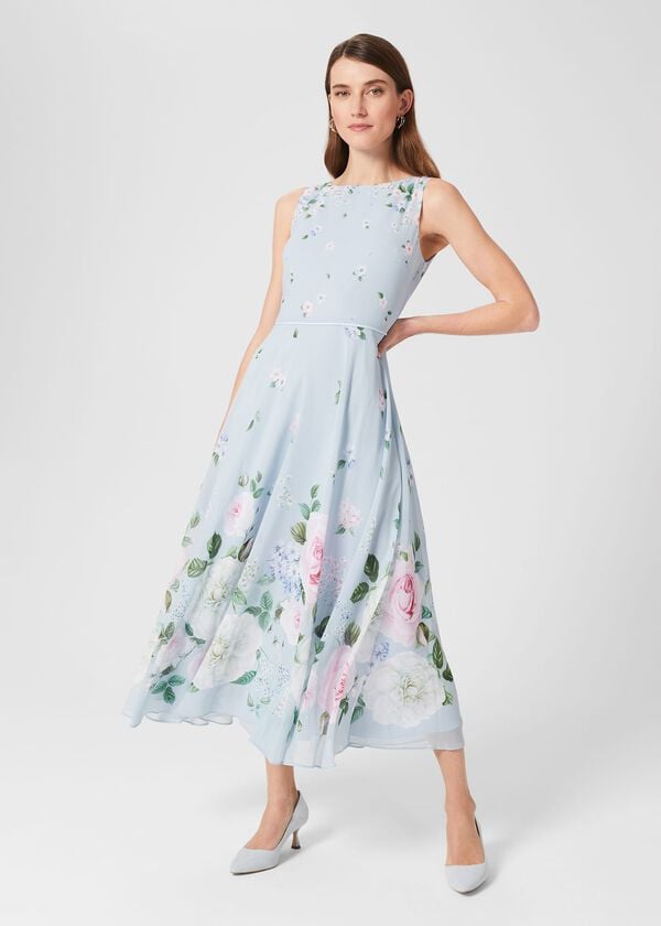 hobbs Carly Floral Midi Dress Blue Multi