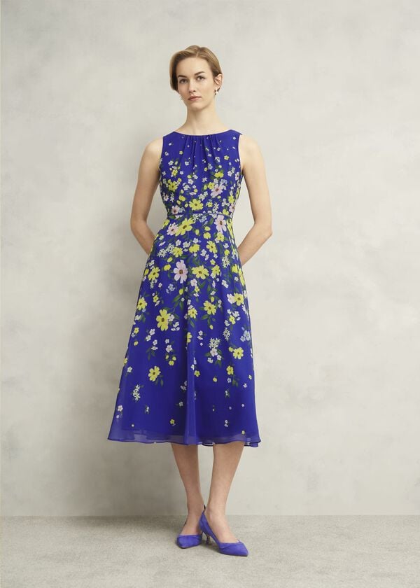 hobbs Carly Gathered Neck Dress Blue Multi