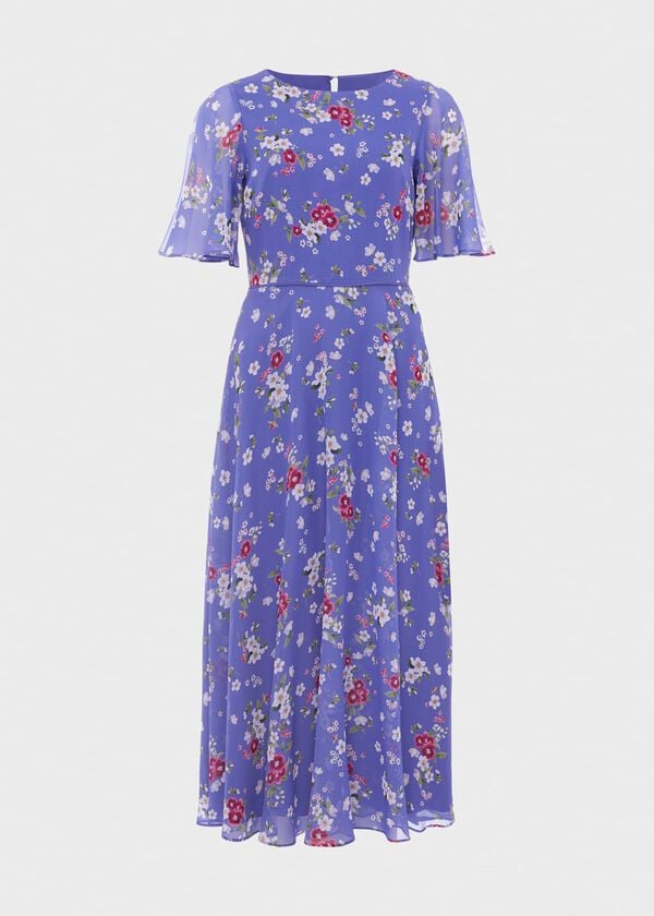 Hobbs Caroline Silk Floral Dress Blue Multi