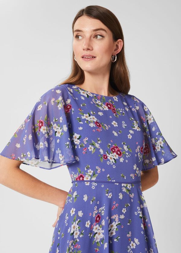Hobbs Caroline Silk Floral Dress Blue Multi