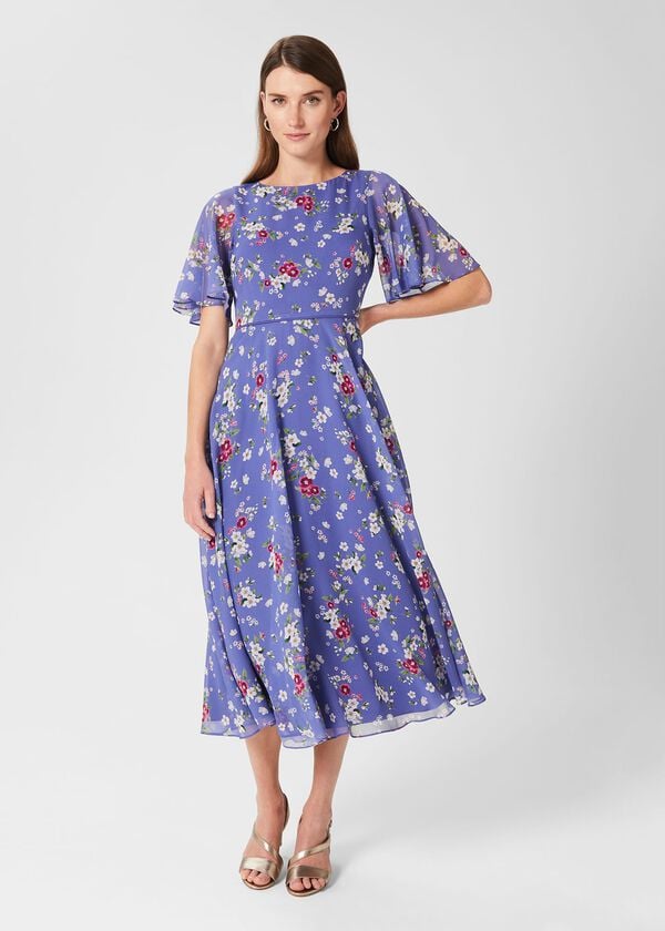 hobbs Caroline Silk Floral Dress Blue Multi