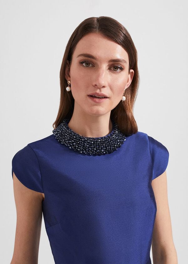 Hobbs Christie Silk Wool Beaded Dress Royal Blue
