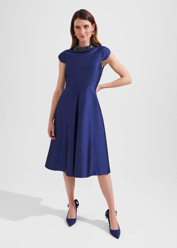 hobbs Christie Silk Wool Beaded Dress Royal Blue