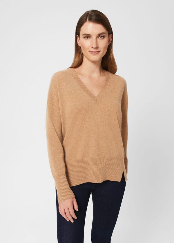 Hobbs Dahlia V Neck Cashmere Jumper Camel