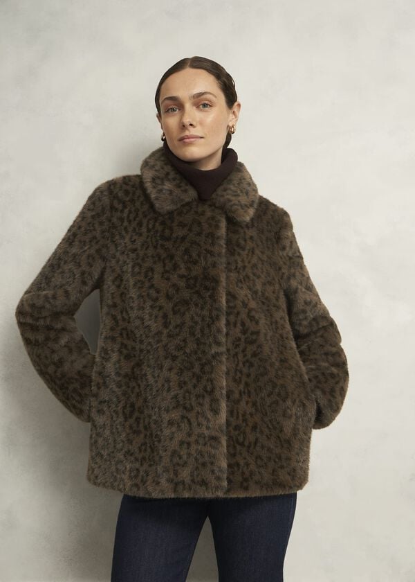 hobbs Dania Leopard Faux Fur Coat Brown Multi