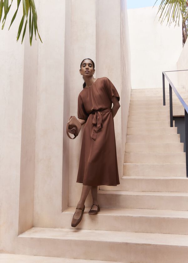 hobbs Darracott Tie Waist Midi Dress Medlar Brown