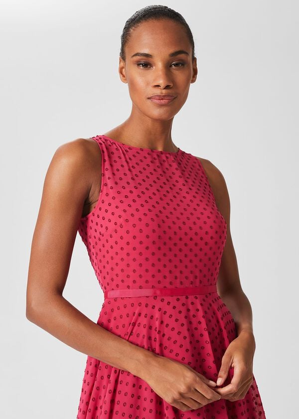Hobbs Della Spot Fit And Flare Dress Fuchsia Pink