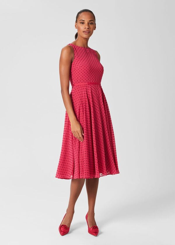 hobbs Della Spot Fit And Flare Dress Fuchsia Pink
