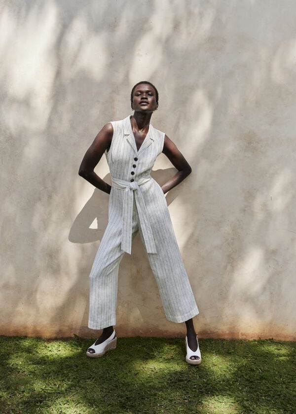 hobbs Destiny Linen Jumpsuit Ivory Navy